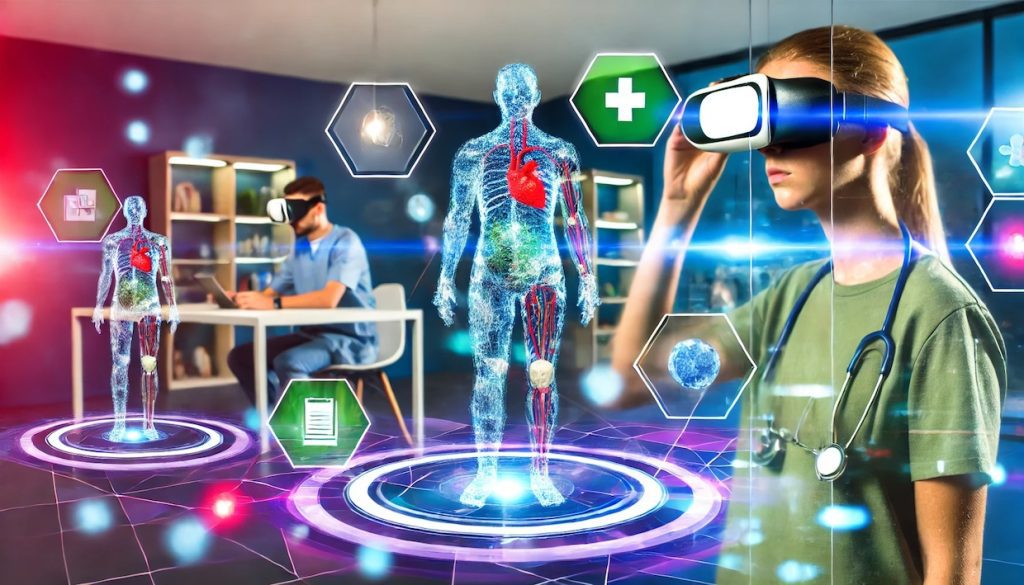 Escena futurista que muestra la tecnología inmersiva, con una persona usando gafas de realidad aumentada y hologramas de simulaciones médicas, experiencias de compra virtuales y personajes de juegos interactivos.